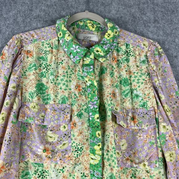 LOFT Floral Crepe Patchwork Top Women Large Blouse Colorful Ditsy Balloon Sleeve - Picture 3 of 14